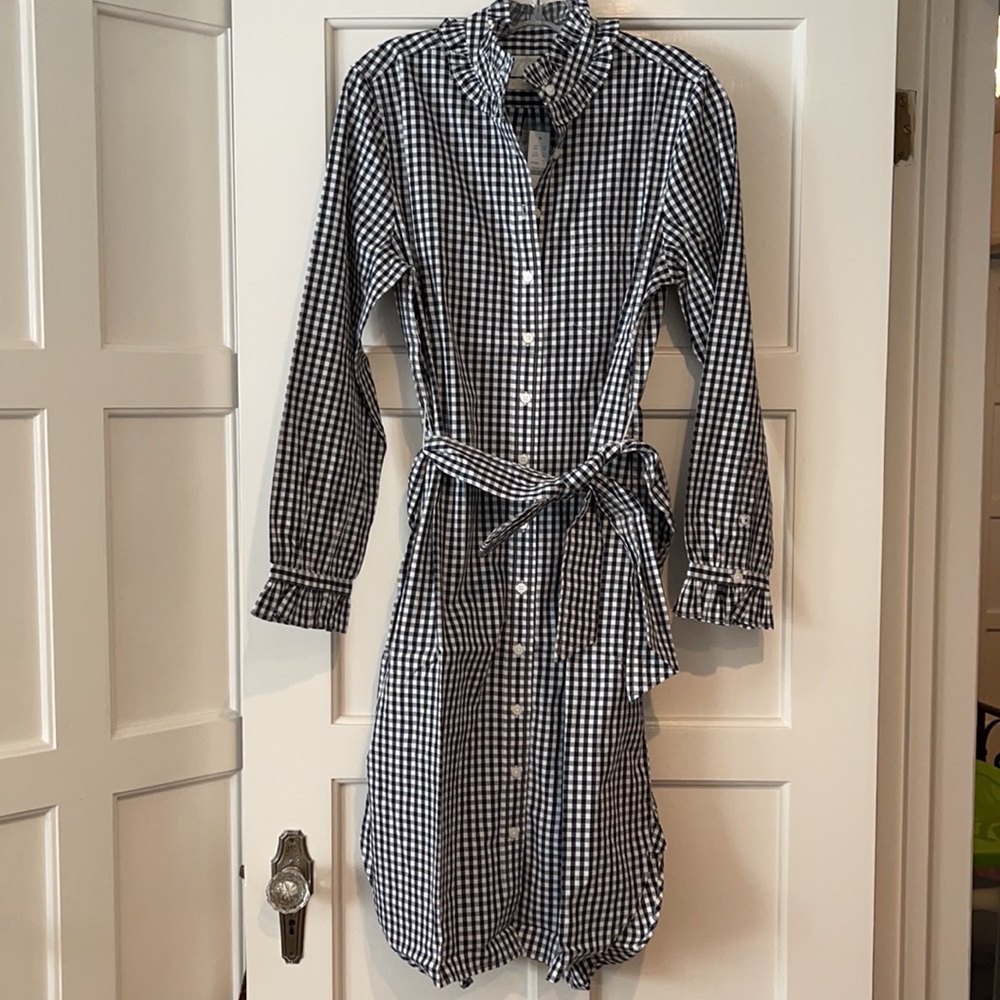 J.Crew Classic-fit ruffleneck shirtdress dress navy check AY173 - Picture 12 of 14